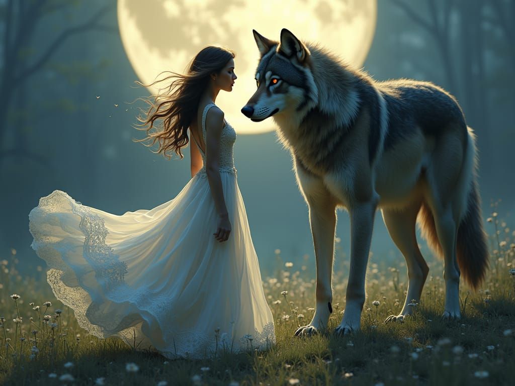 Ethereal Moonlit Ballerina Surrounded by a Luminous Werewolf...