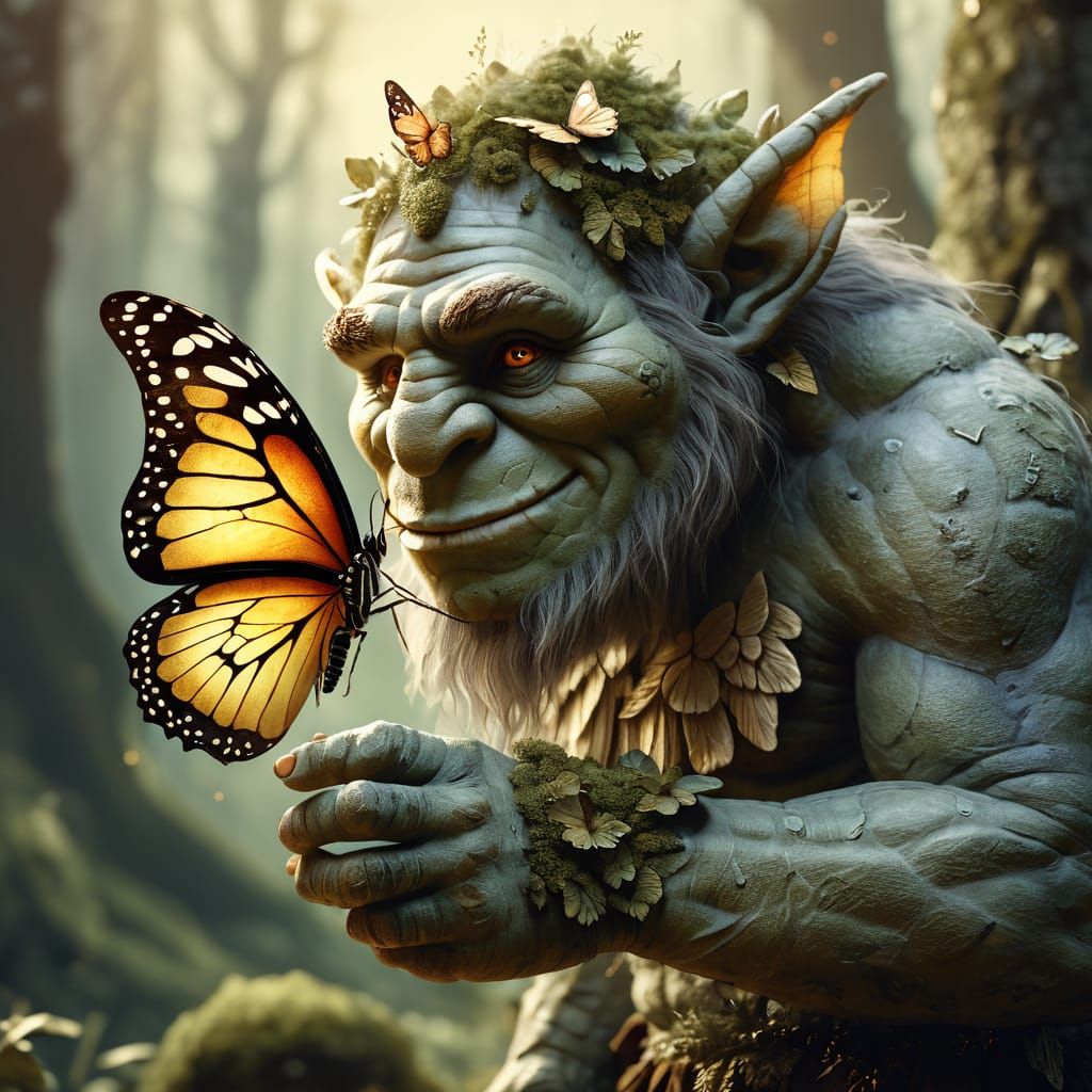 Friendly Troll with Butterfly on Fingers, Whimsical Fantasy ...