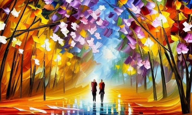 Romantic Spring Walk in Oil Painting Style