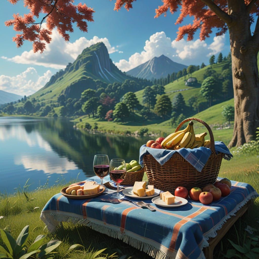 Breezy Lake Picnic Scene in Vibrant Watercolor Style