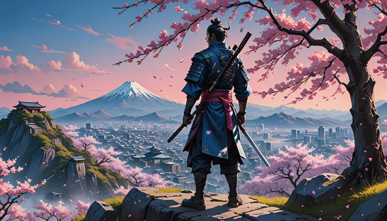 Ronin on Mountain with Cherry Blossoms in Splash Art Style