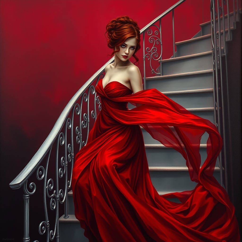 Elegant Woman Descends Silver Staircase in Red Gown