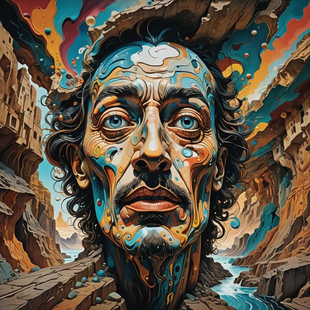 In the style of Dali meets Michelangelo splatter the matter of tartarian metro-glyphs depicts a face emergent on a cliff...