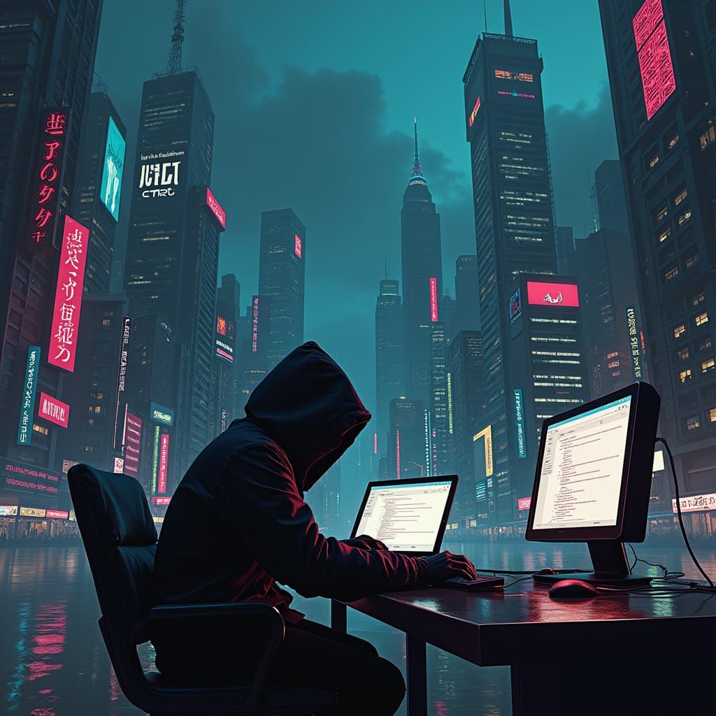 Cyberpunk Hacker in Dystopian Cityscape