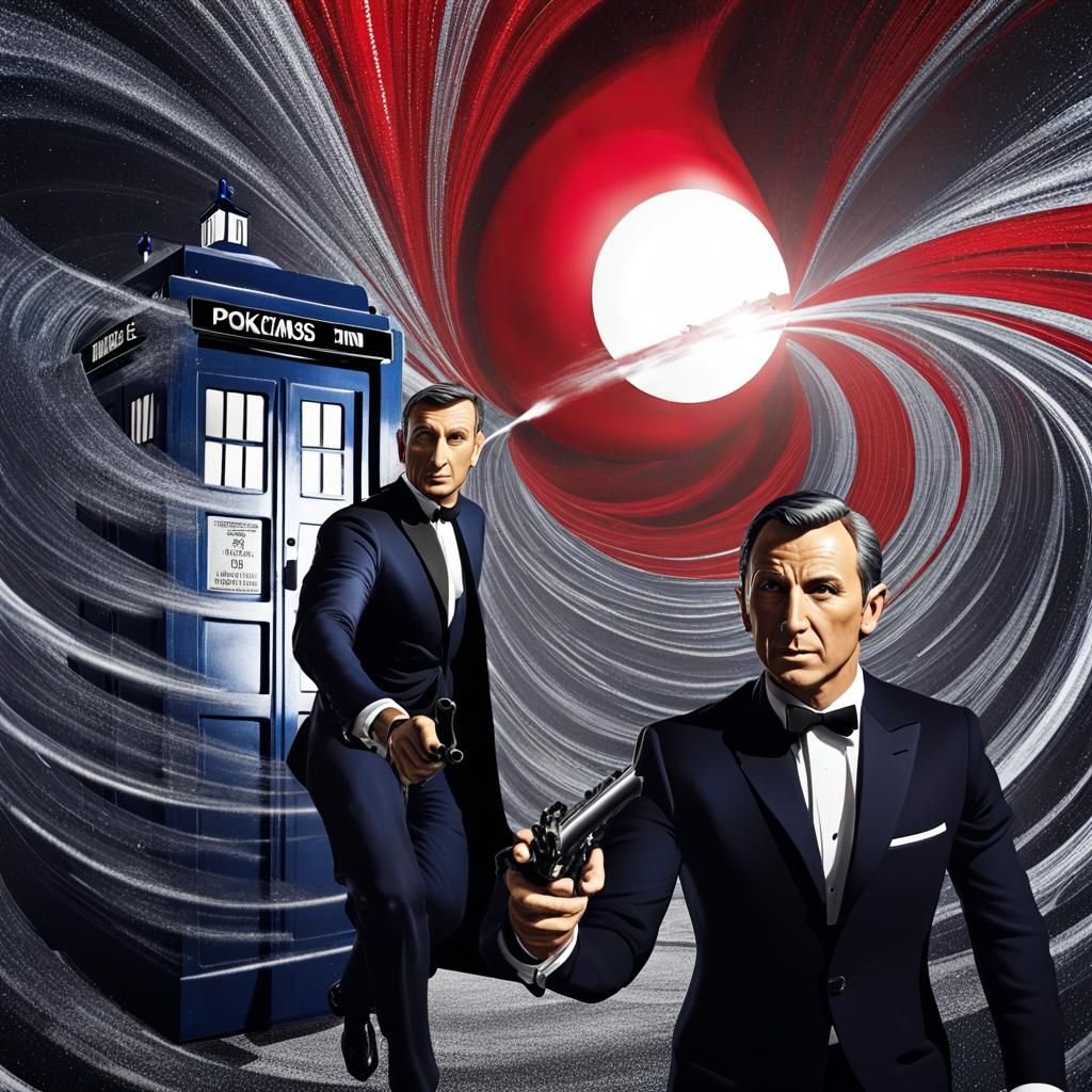 Dr Who TARDIS  chasing  007 James Bond down an  black and wh...