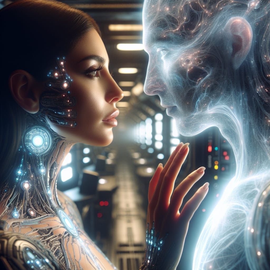 Cyberpunk Love: Woman and Holographic Entity Connect