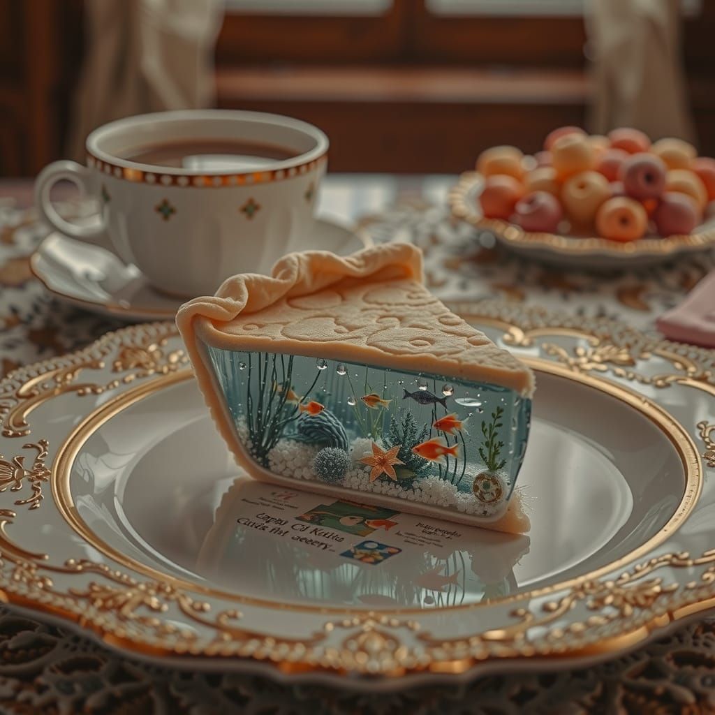 Dreamlike Glass Pie Dish with Fish Aquarium on Rustic Dining...