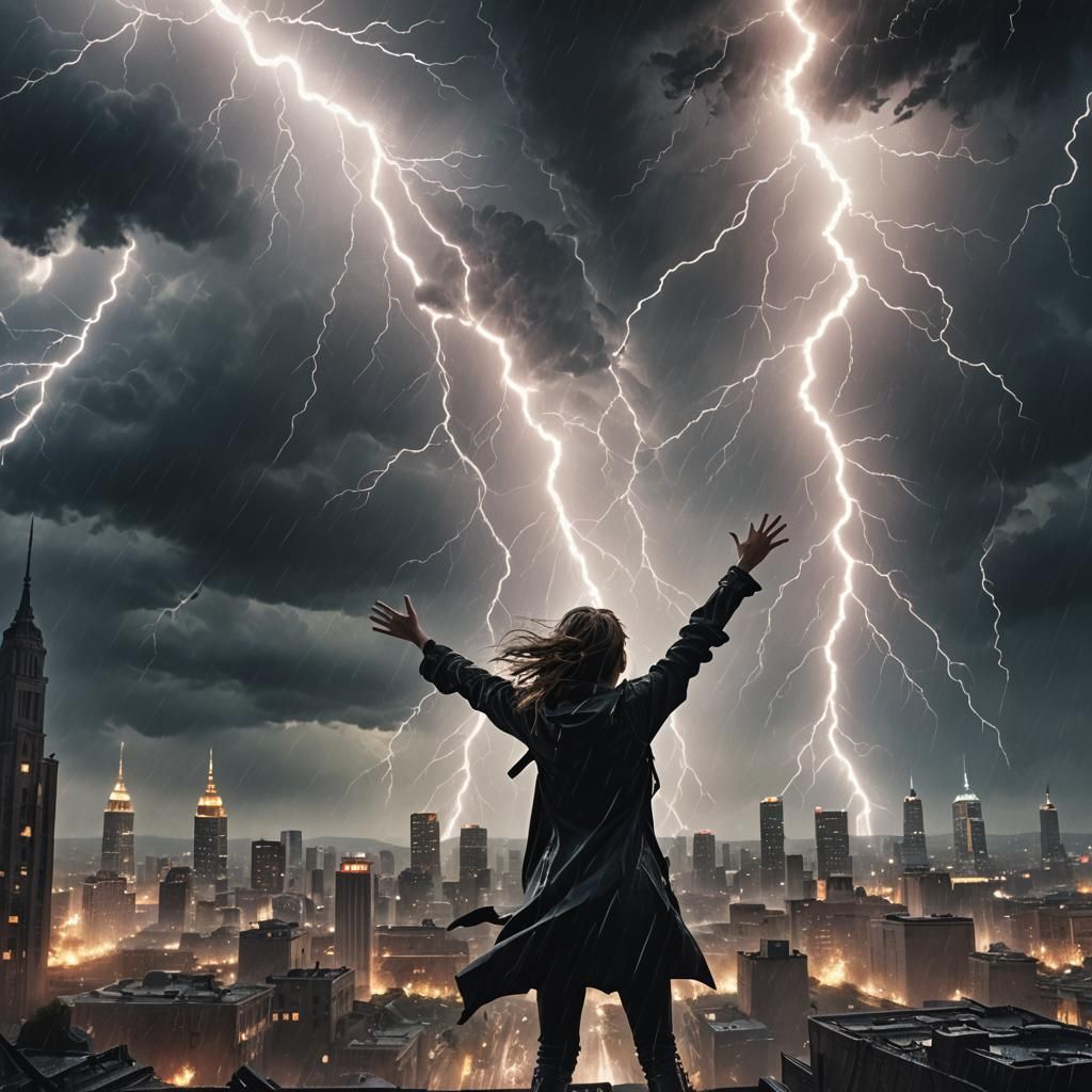 Woman Conjuring Lightning Storm: Hyperrealistic Matte Painti...