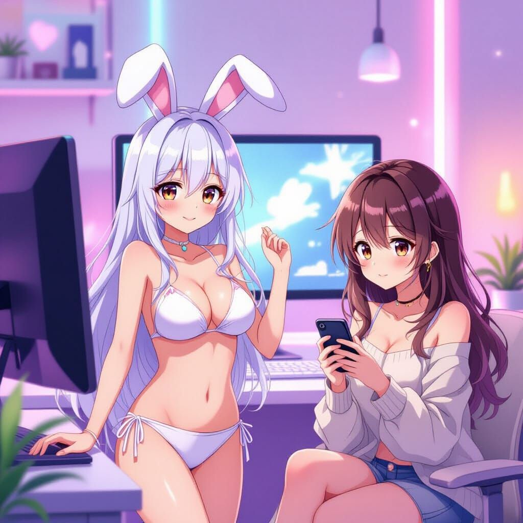 Anime Women Dancing in Moe-Inspired Pastel Setting