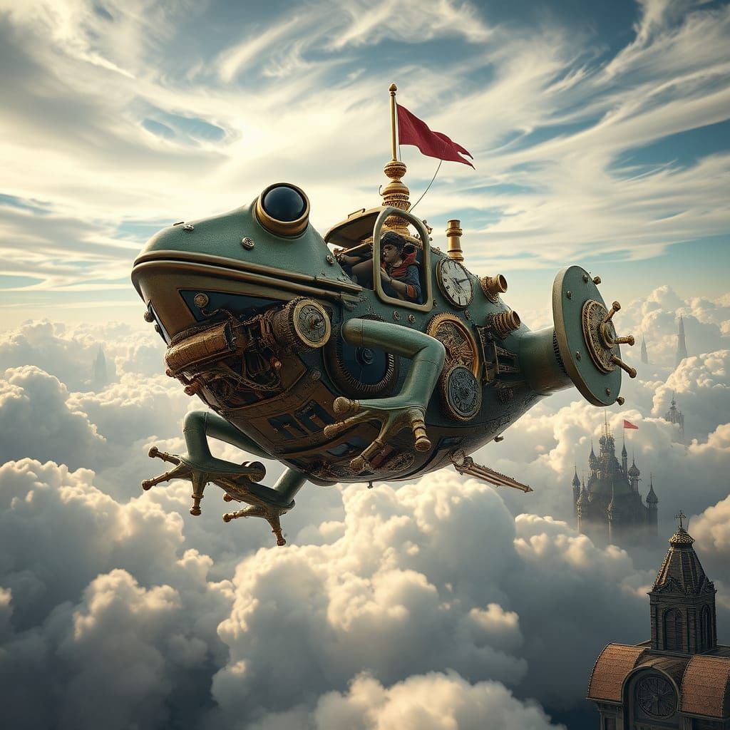 Steampunk Frog Airship Soaring Through Cloudy Skies