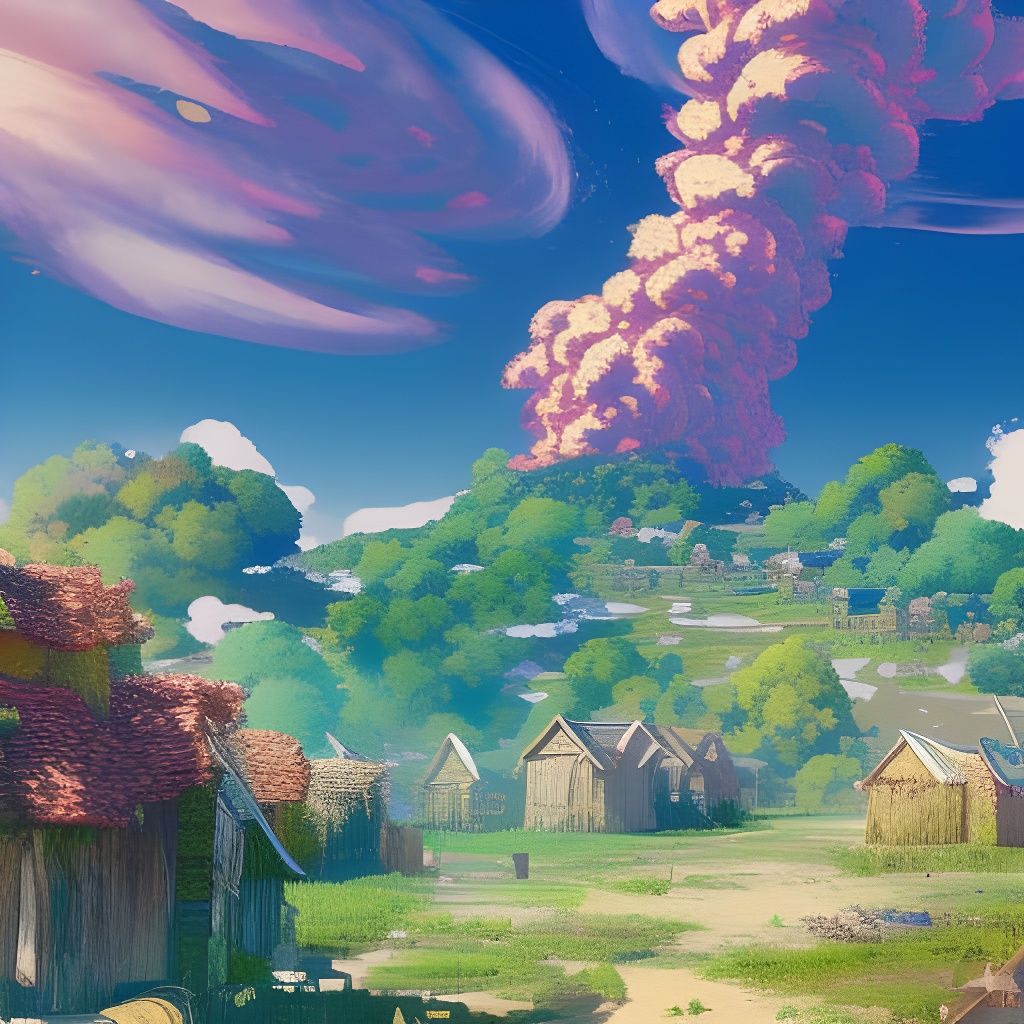 Volcanic Eruption Over Colorful Anime Countryside