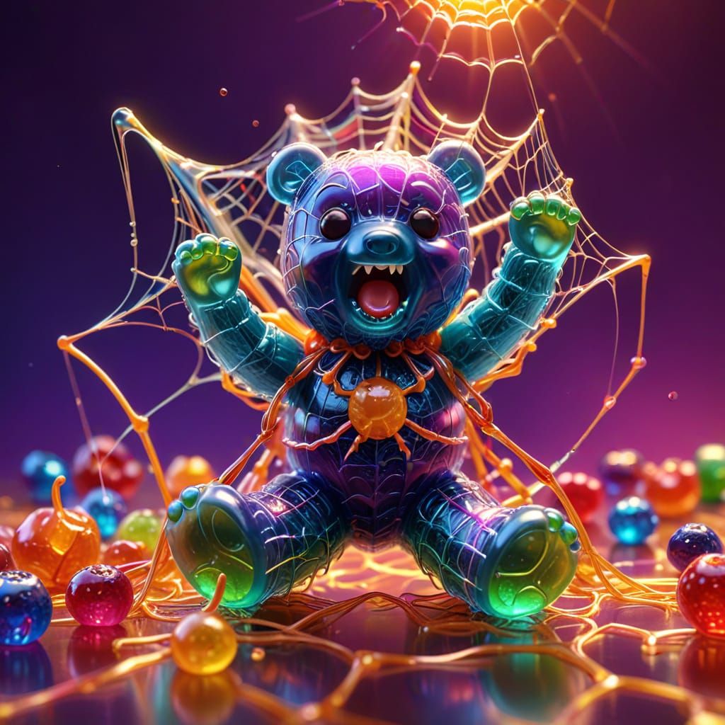 Gummy Spiders Trap Gummy Bear: A Pixar-Style Still