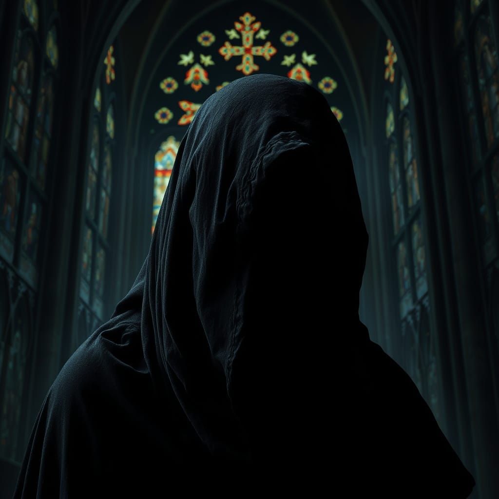 Gothic Figure in Shadow Against Stained Glass