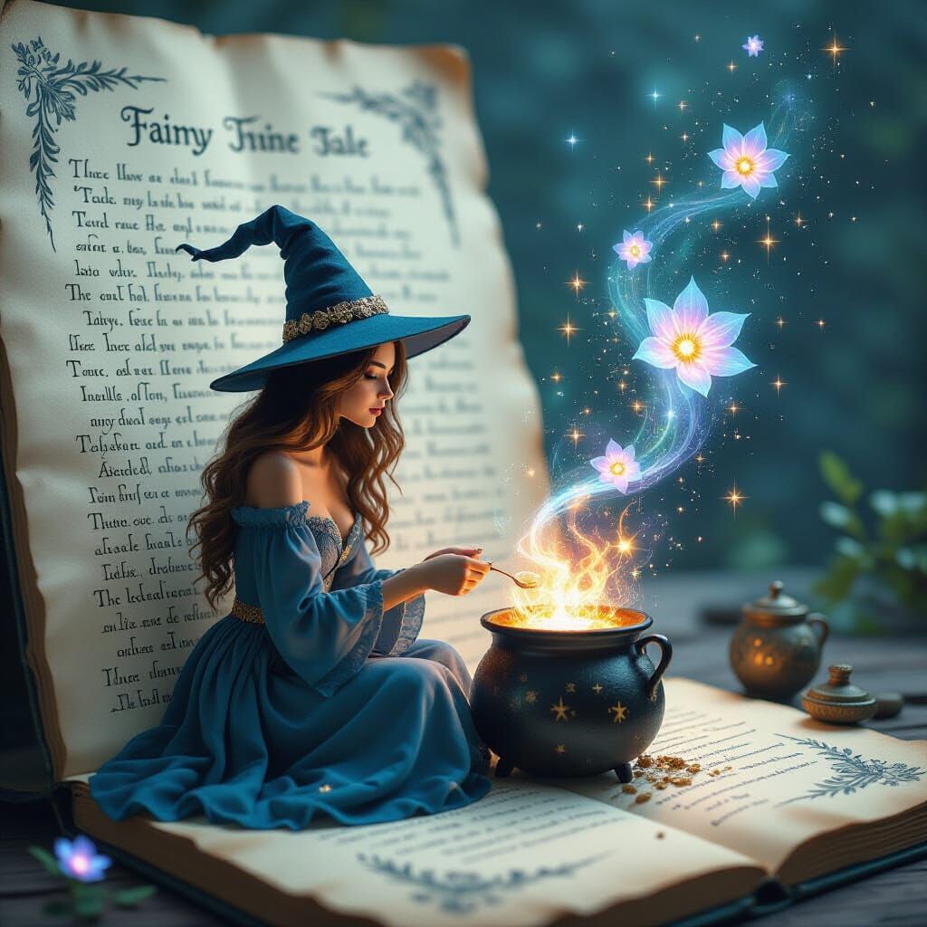 Sorceress Brewing Potion on Fairy Tale Page