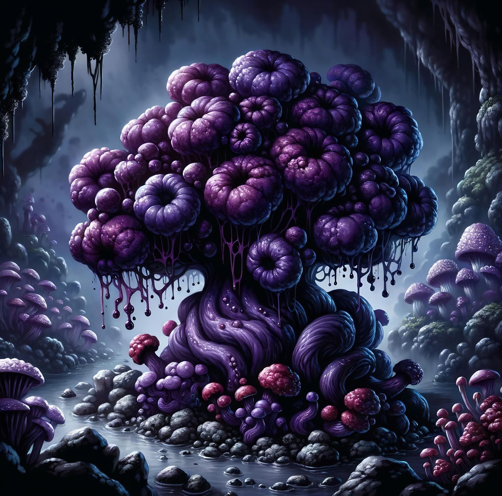 Grotesque Violet Fungus in Gloomy Dark Fantasy Cave