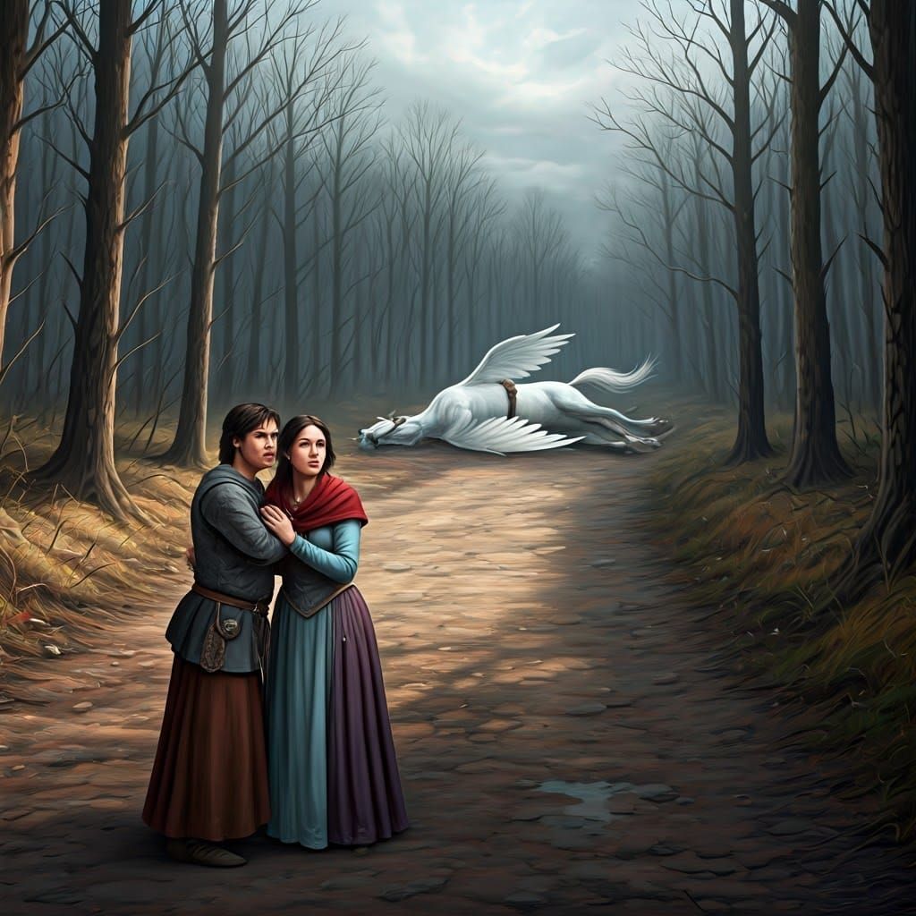 Mortal Fall of a Majestic Pegasus in a Haunting Medieval Lan...