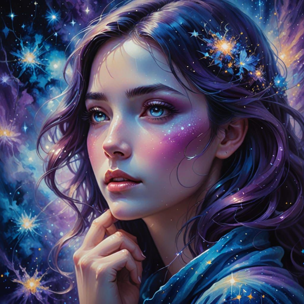 Ethereal Woman Whispering Amidst Stardust: Surreal Oil Paint...