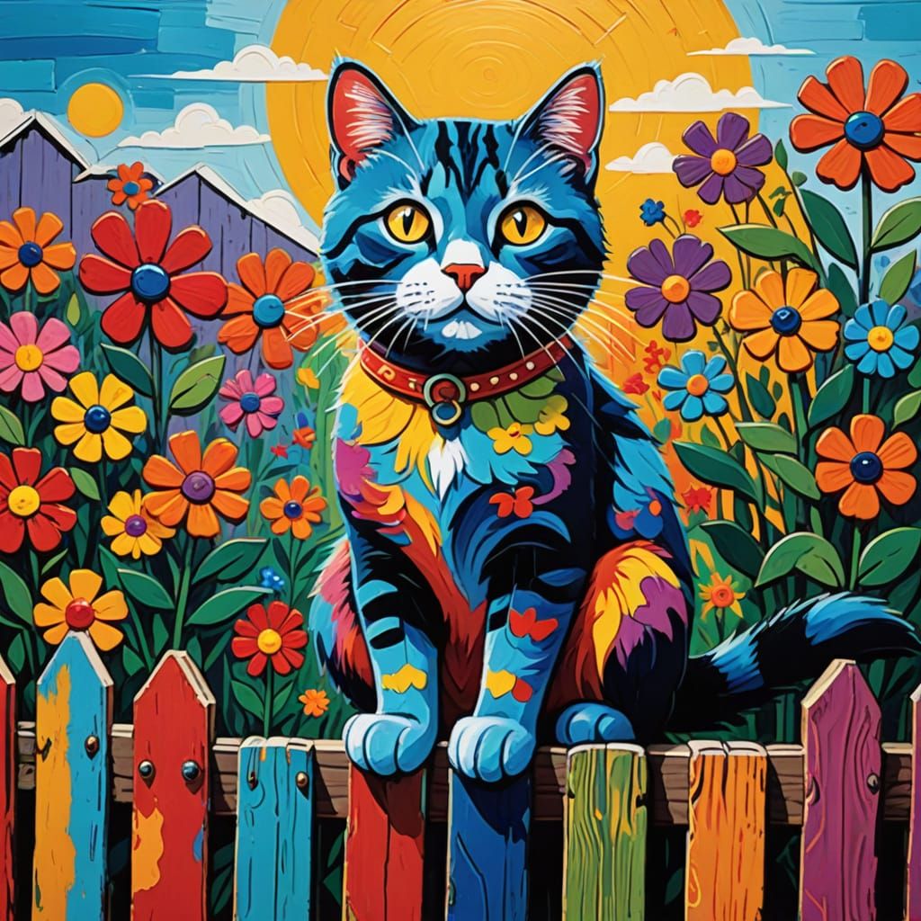 Vibrant Folk Art Cat Sits on a Wooden Fence