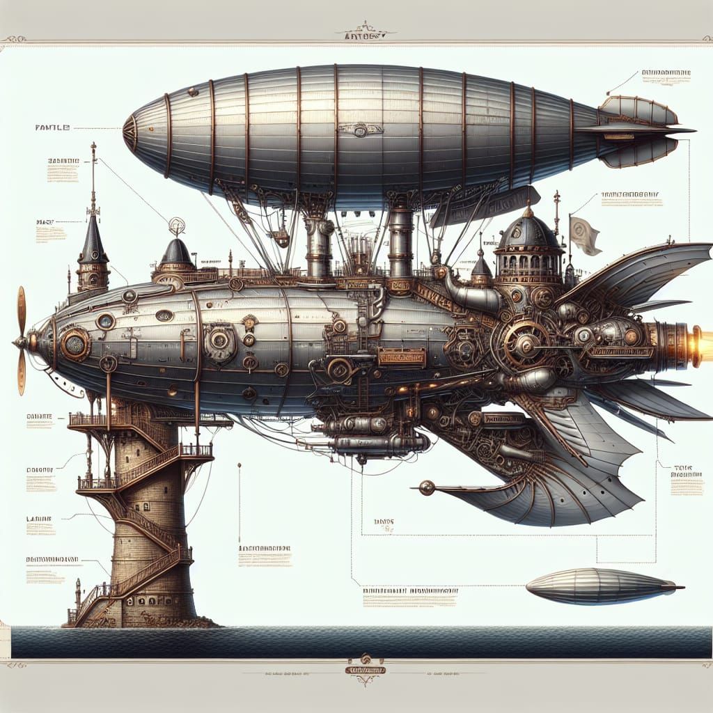 Detailed Steampunk Airship Diagram with Victorian Elements