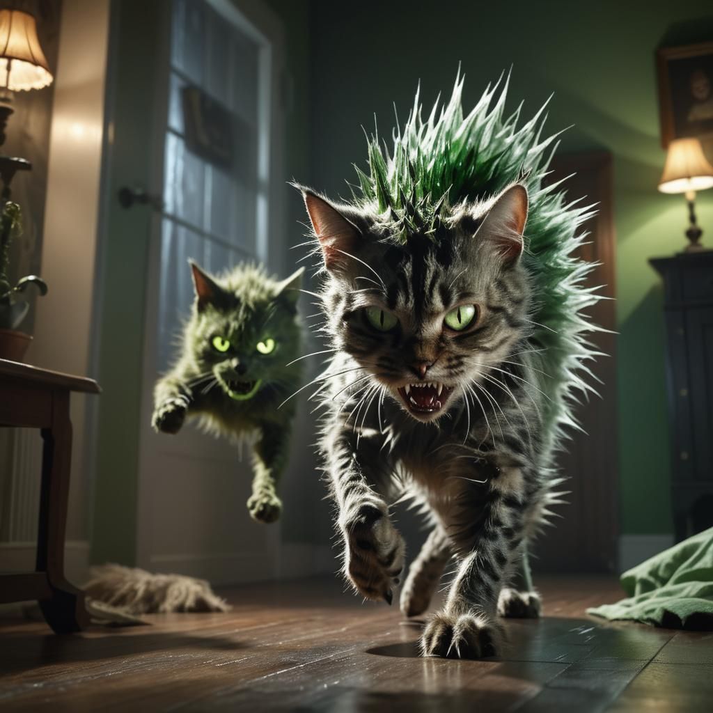 Cat Attacks Ghost in Dimly Lit Room