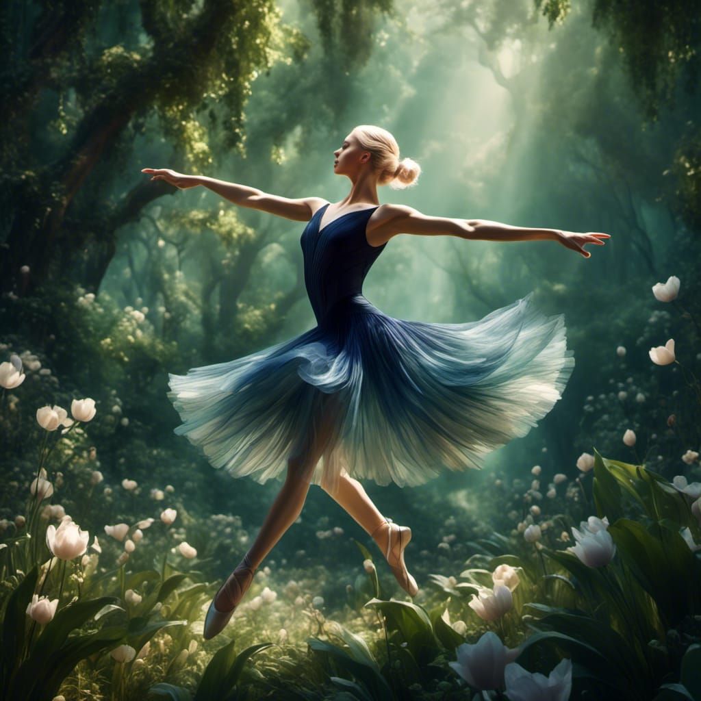 Ballet Dancer in Mystical Forest, Art Deco Photorealism
