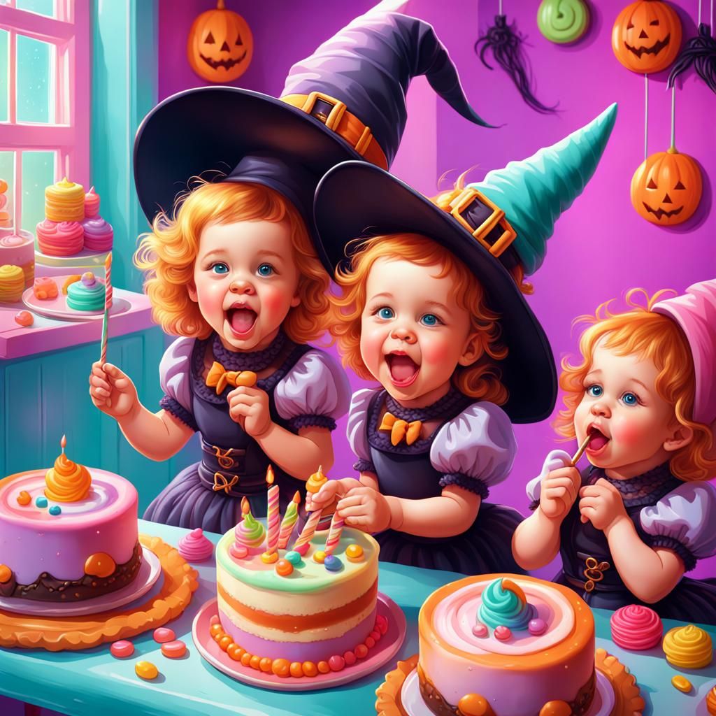 Baby Witches Celebrate in a Candy Art Style