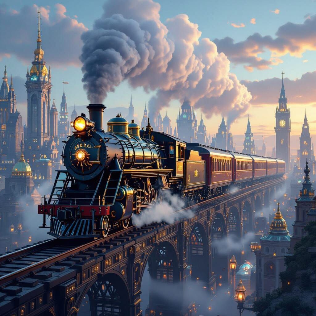 Gemstone Train Cityscape in Fantasy Concept Art Style