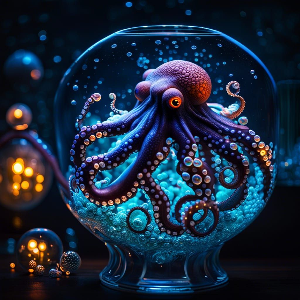 Glowing Bioluminescent Octopus in Glass Sea