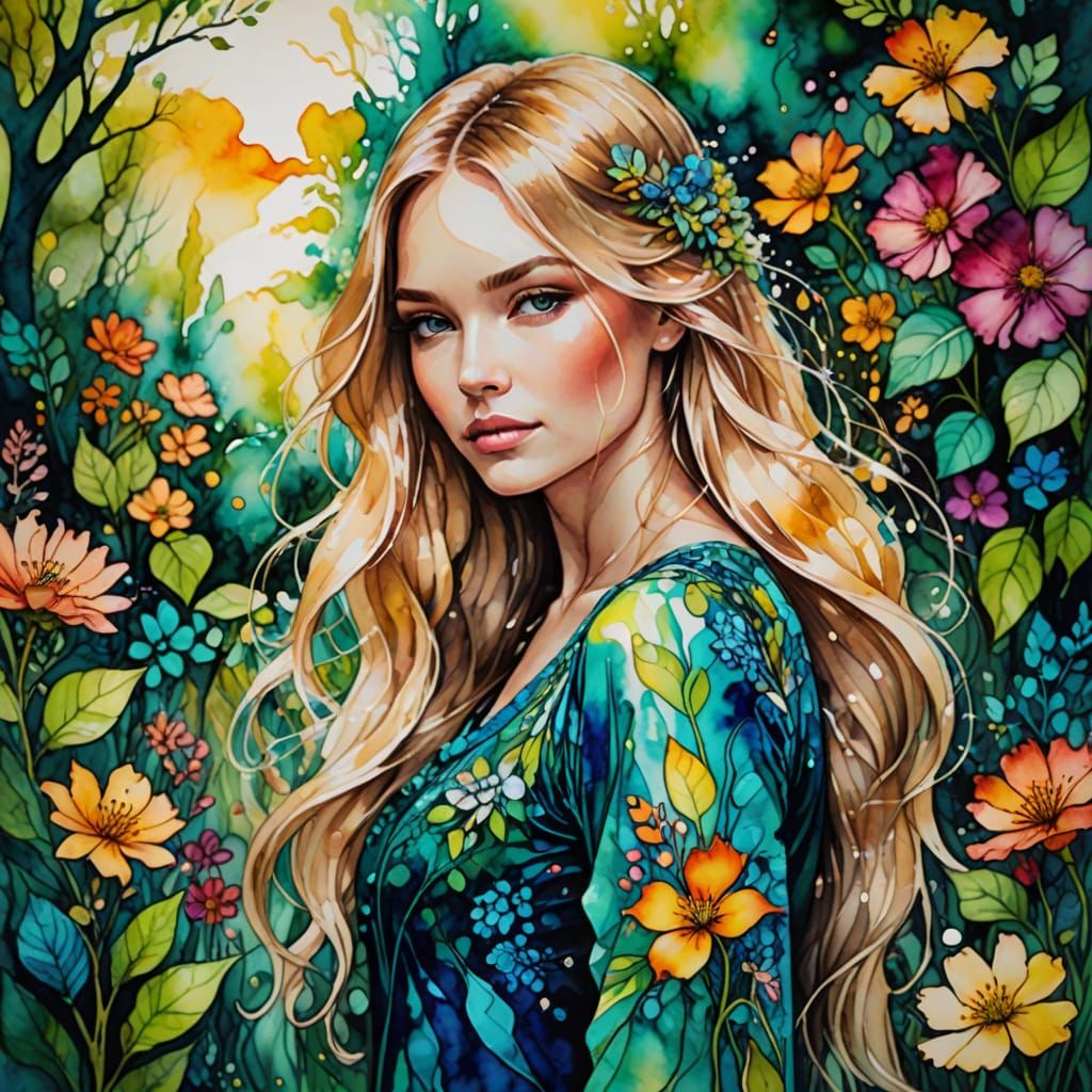Beautiful Girl in Lush Garden, Alcohol Ink Art Style
