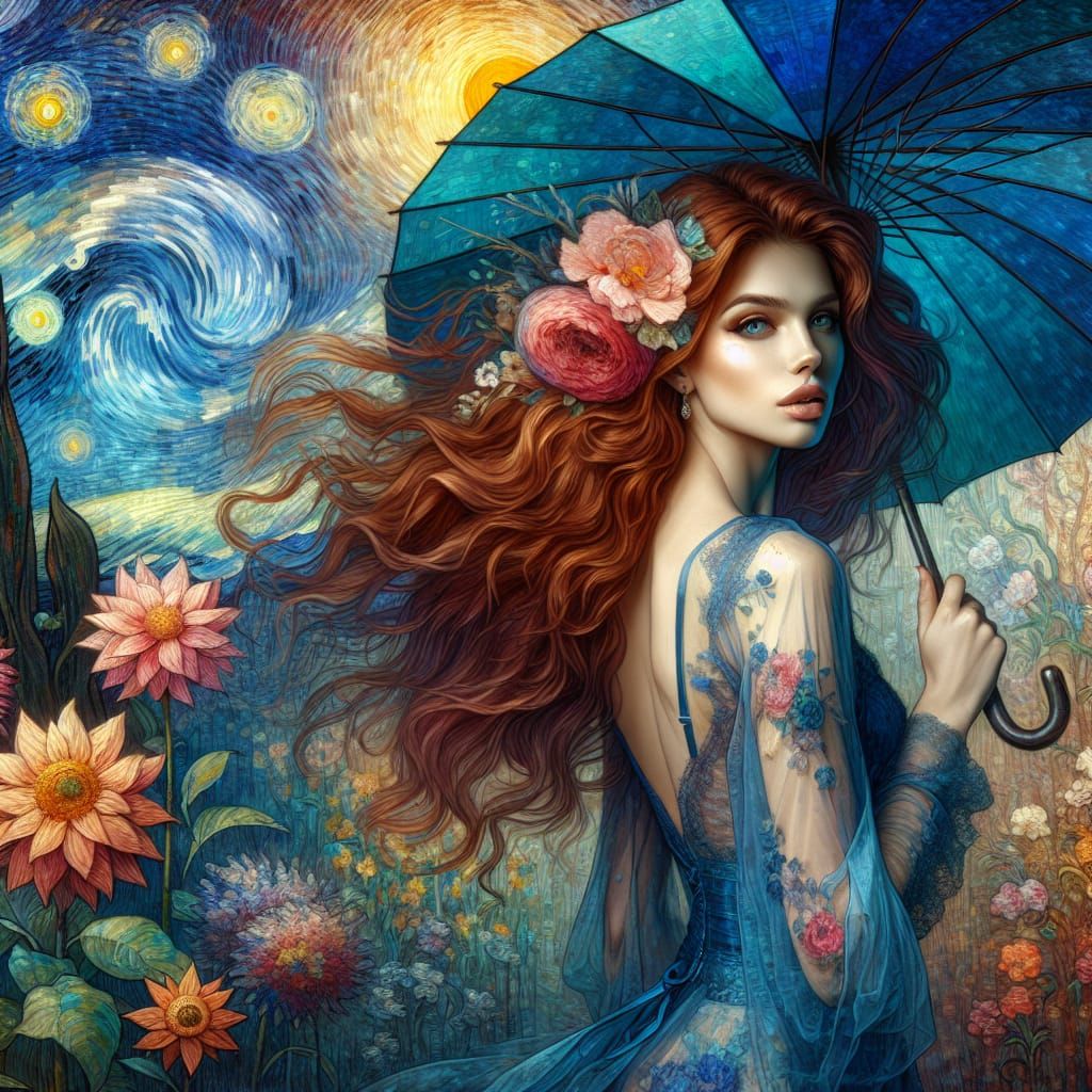 Auburn-Haired Woman in Floral Van Gogh-Style Landscape