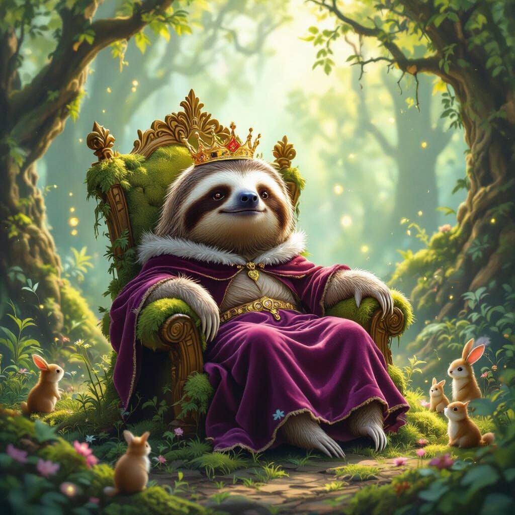 Regal Sloth King in Sunlit Forest Clearing