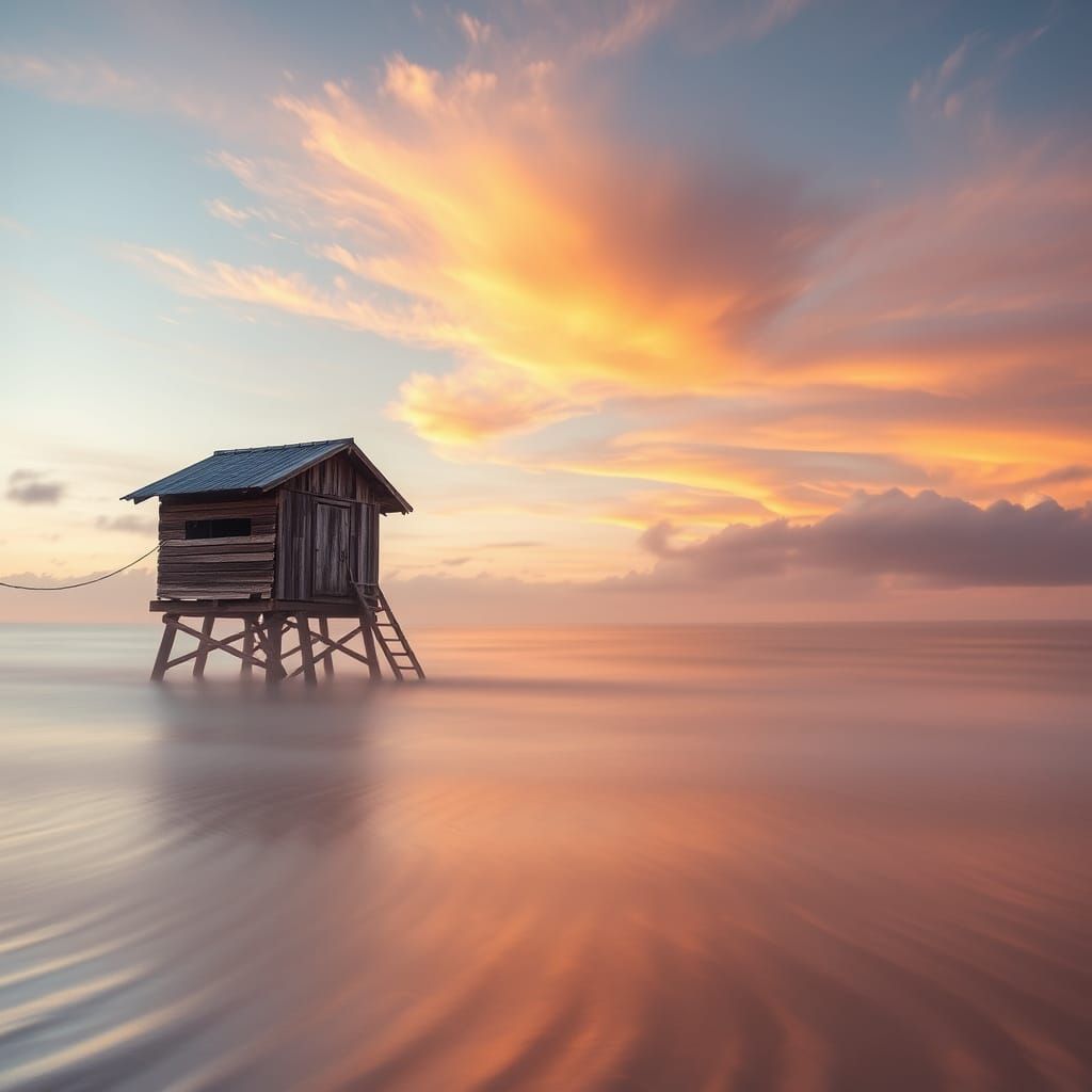 Weathered Fishing Hut Silhouette at Dawn or Dusk