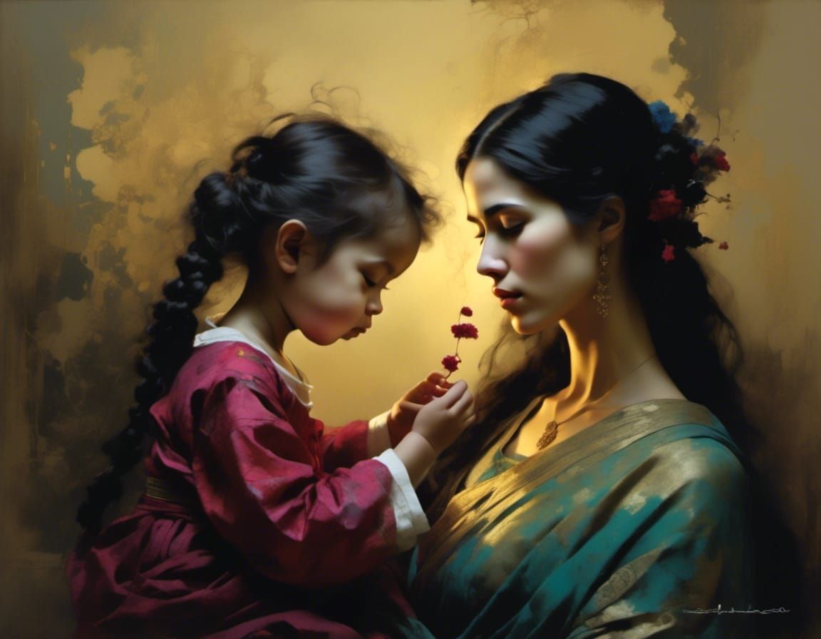 Motherhood Depicted in Detailed Oil Painting