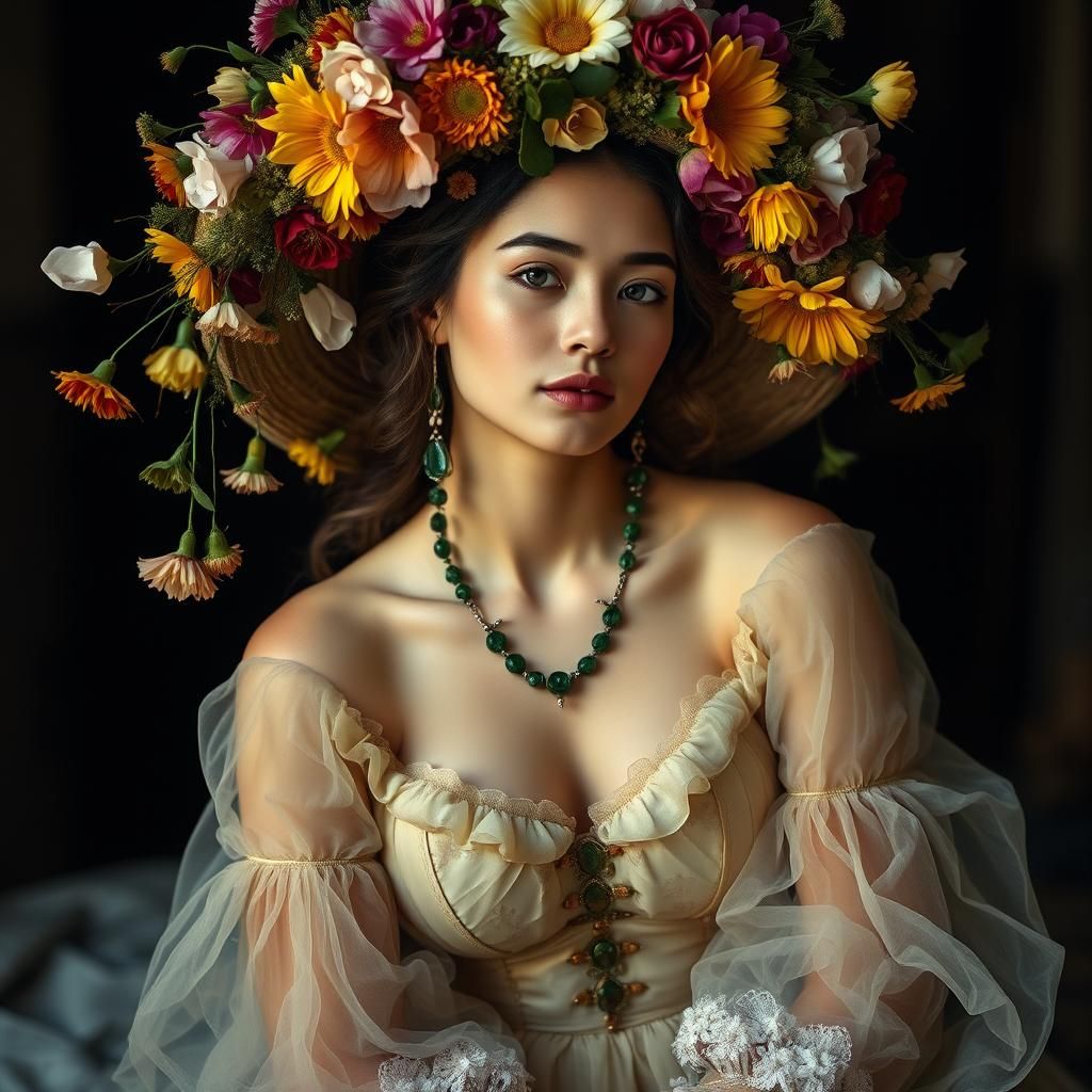 Renaissance Woman in Organza Gown with Flowers