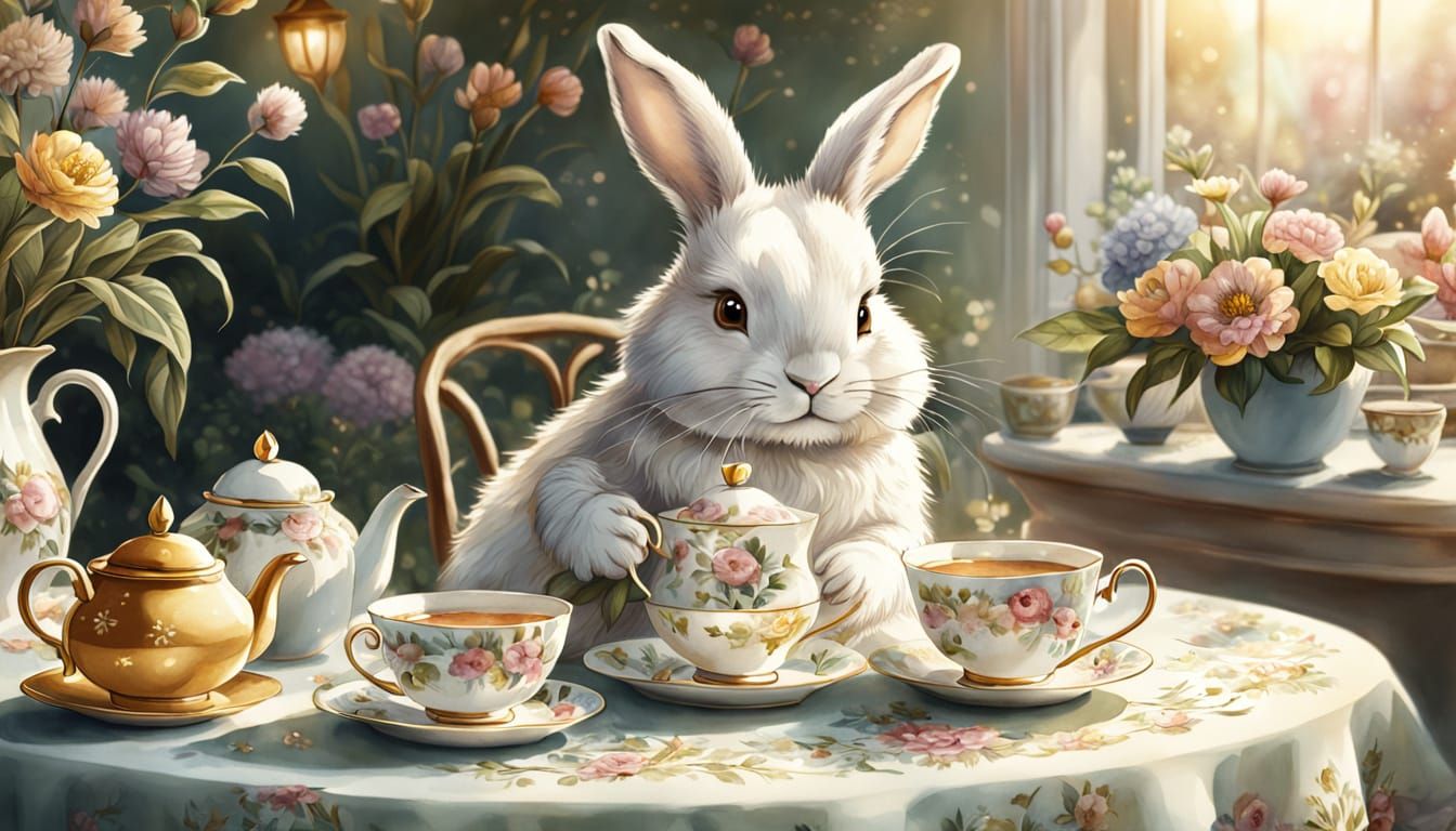 Whimsical Bunny Tea Party in Watercolor Style