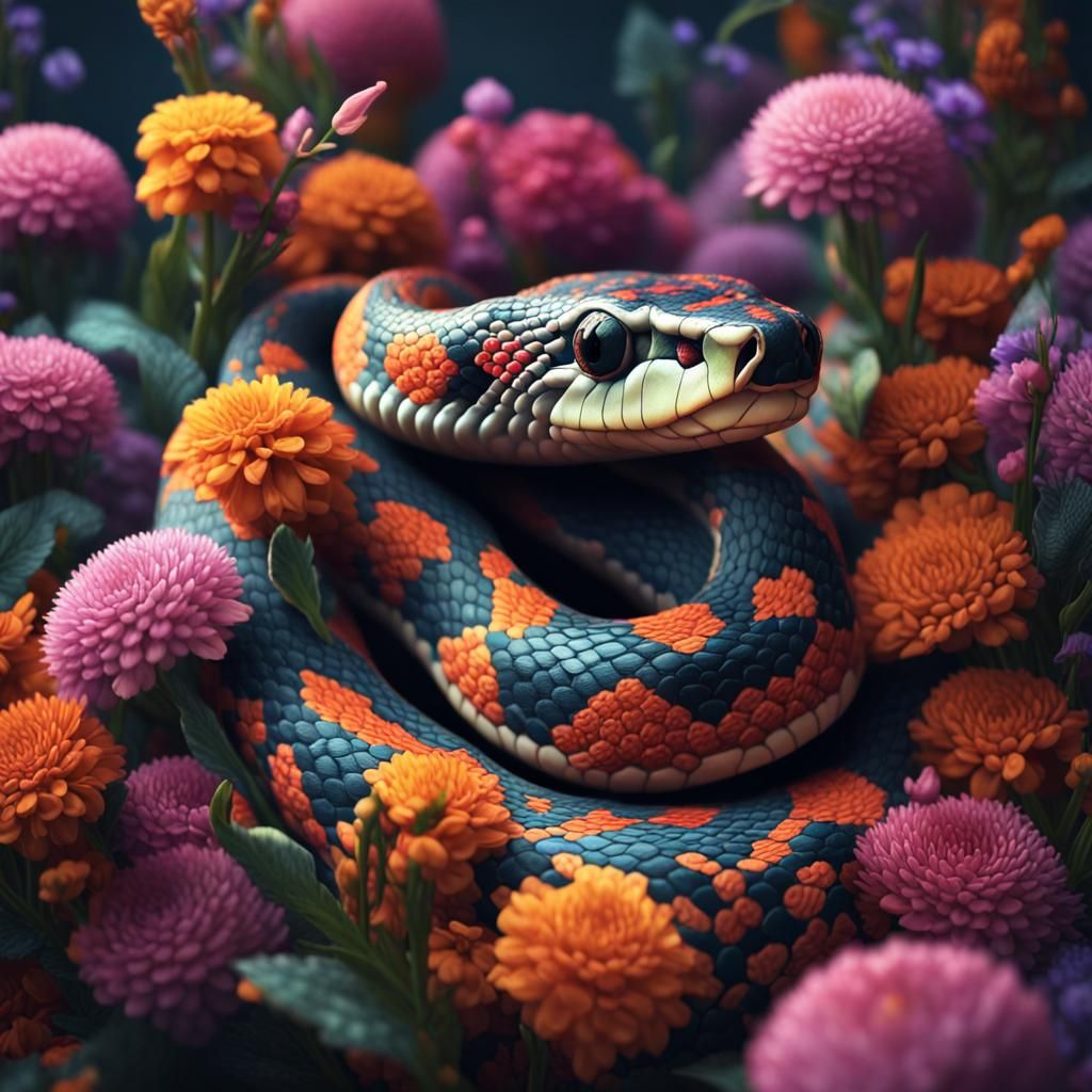 Snake Emerges from Flowers in Vaporwave Style