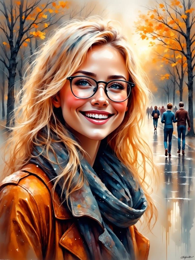 Blonde Woman Smiles on a Rainy Morning in Vibrant Watercolou...