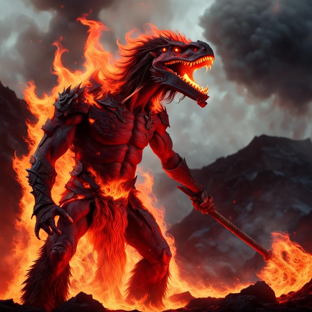Flaming Giant Warrior Charging with Axe