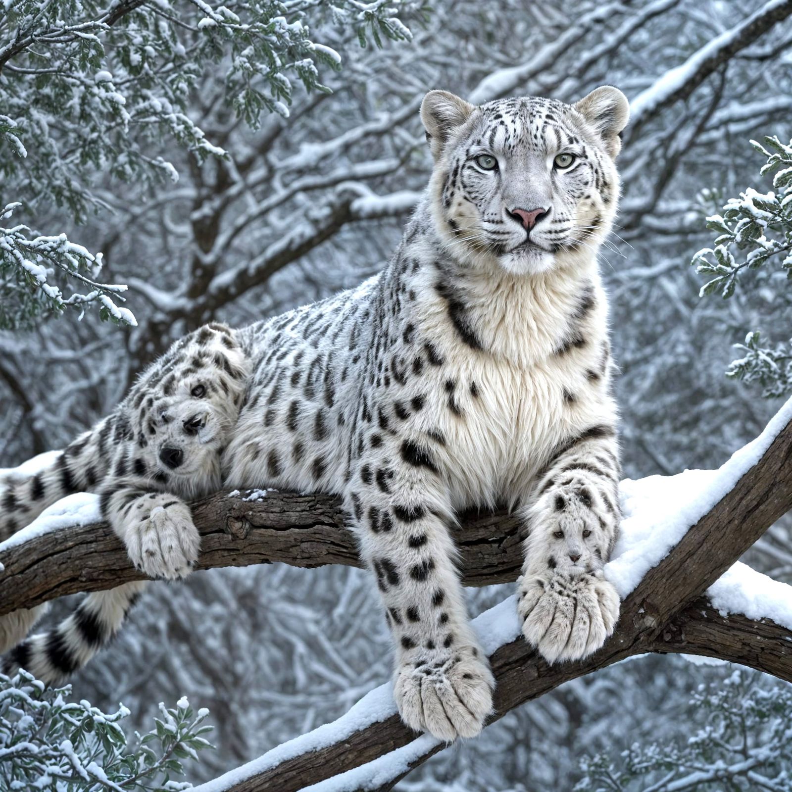 Fluffy Snow Leopard Resting on Snowy Tree Limb