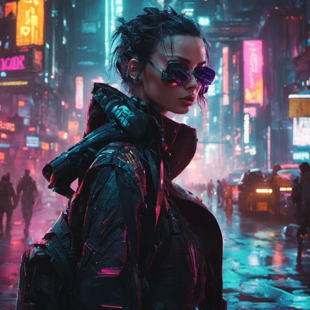 Cyberpunk Woman in Neon Cityscape, Digital Art