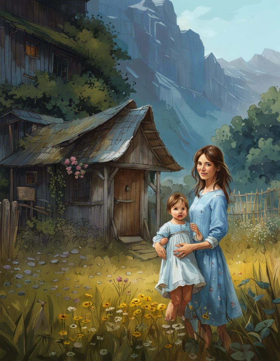 Mother and Child in Rustic Village Scene