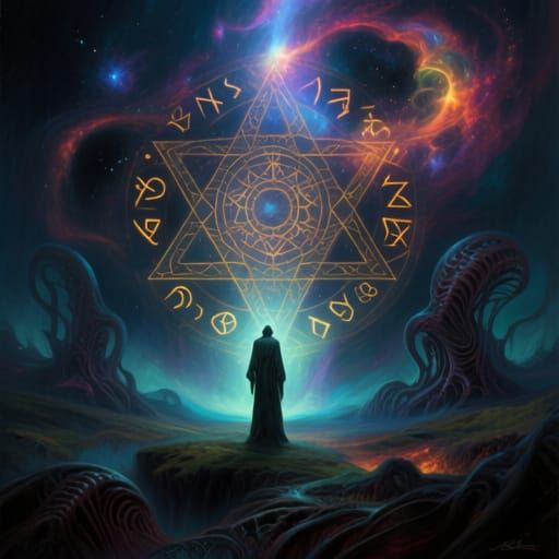 Mystical Cosmic Landscape with Enigmatic Figure