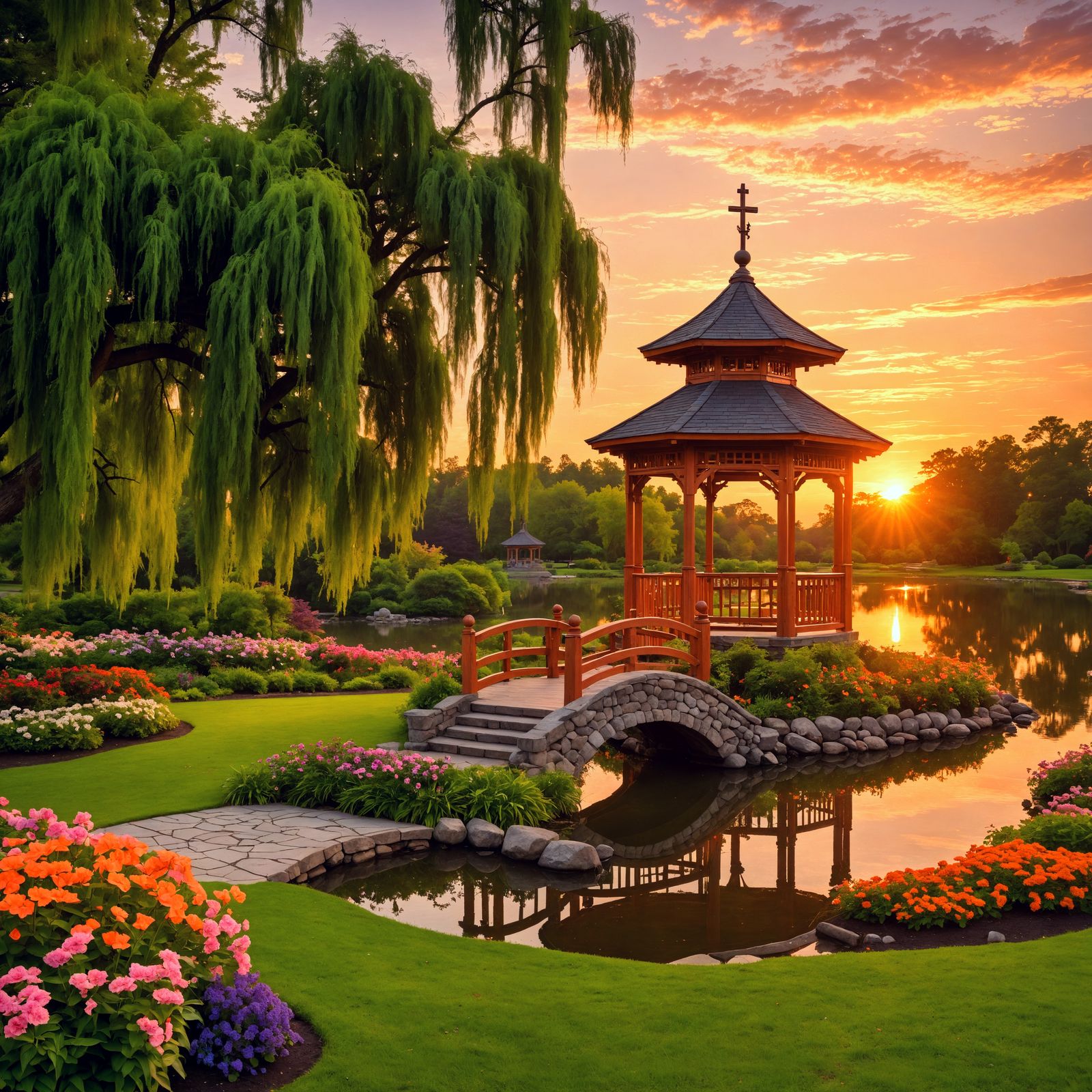 Sunset Garden Oasis with Traditional Wood Gazebo