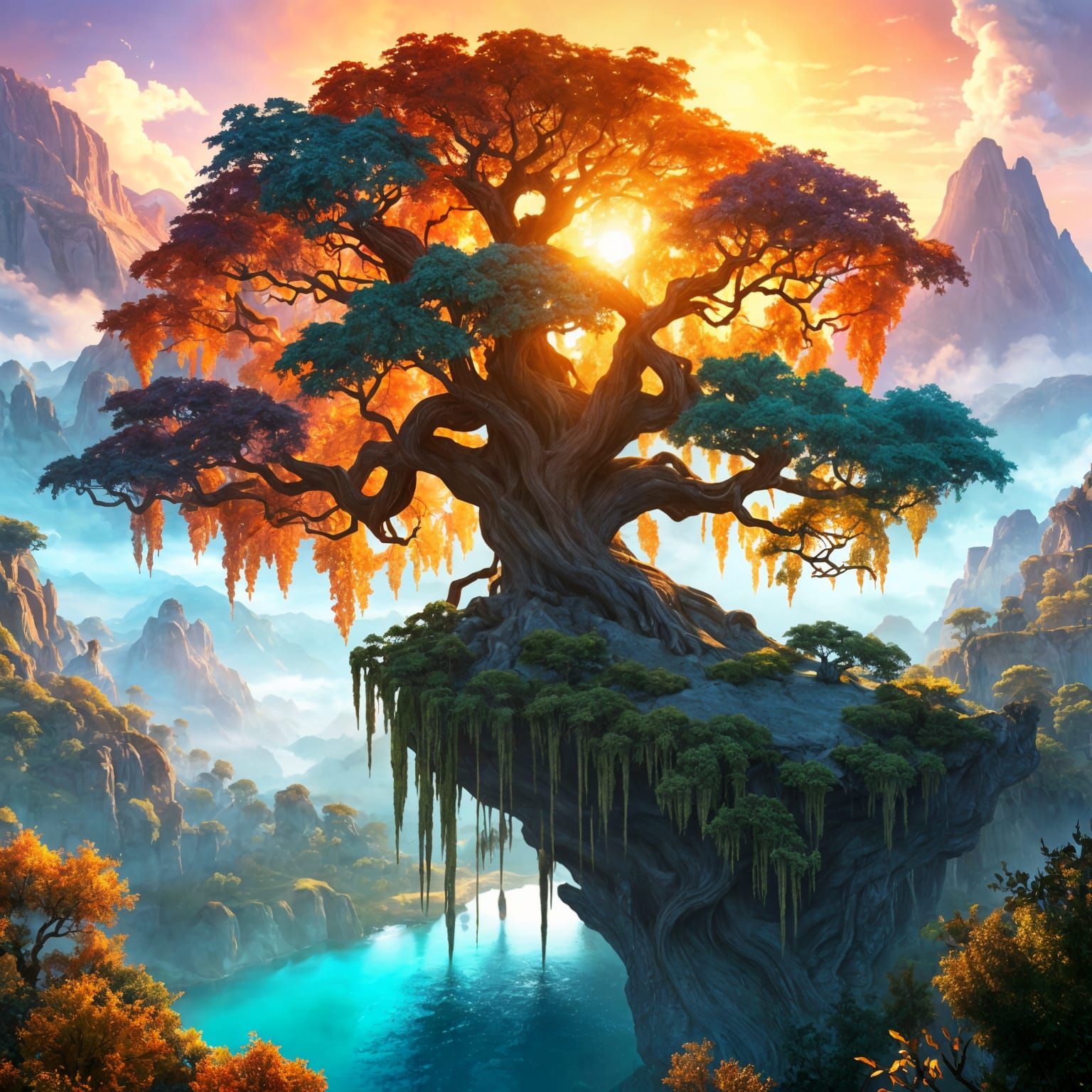 Monumental Twisted Tree with Forest Lakes, Digital Art