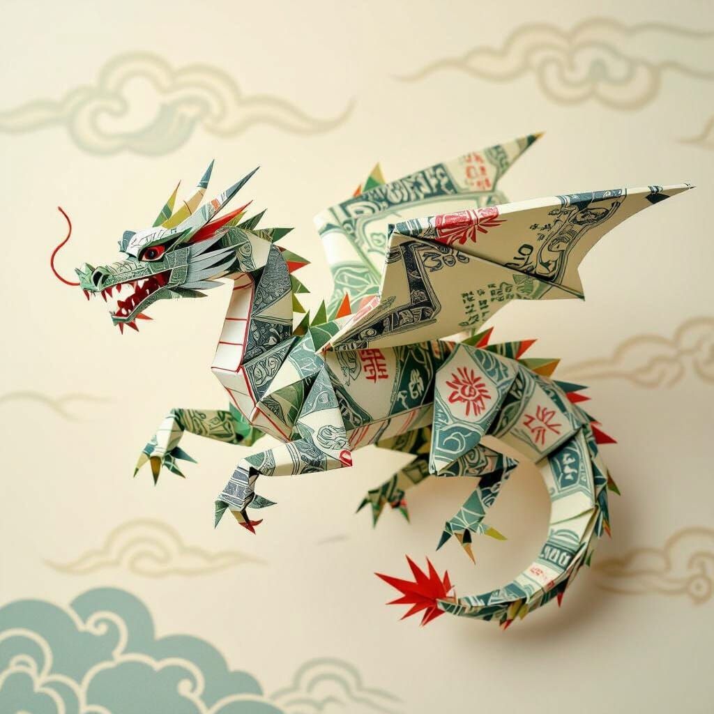Origami Yen Dragon in Flight, Ukiyo-e Style
