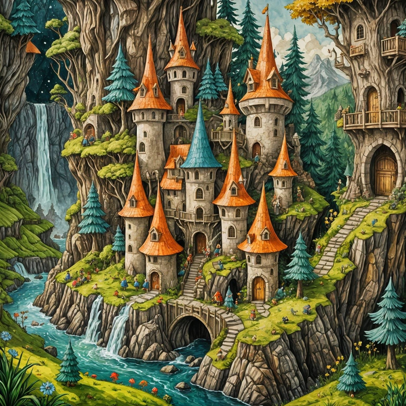 Gnome Fairytale Castle in Batik Cubism Style