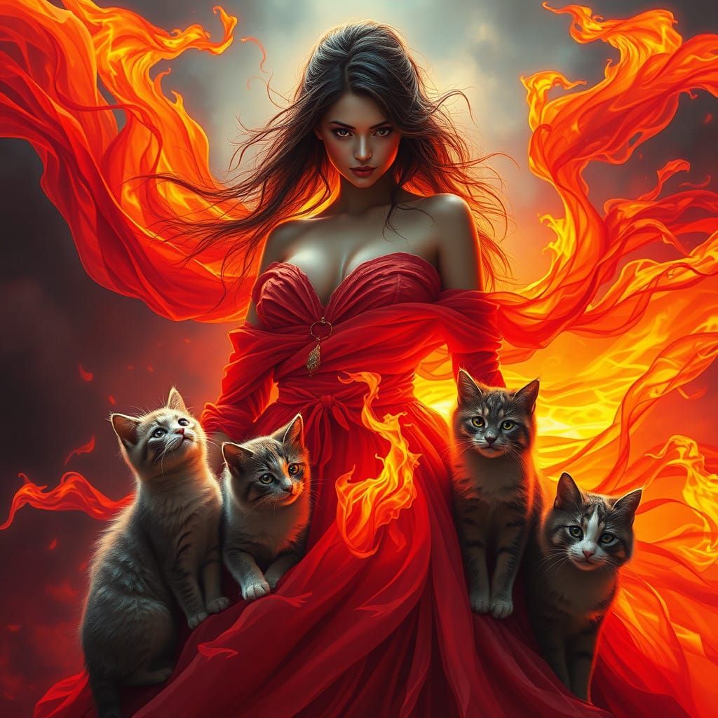 Fantasy Woman Surrounded by Cats in Fiery Gown
