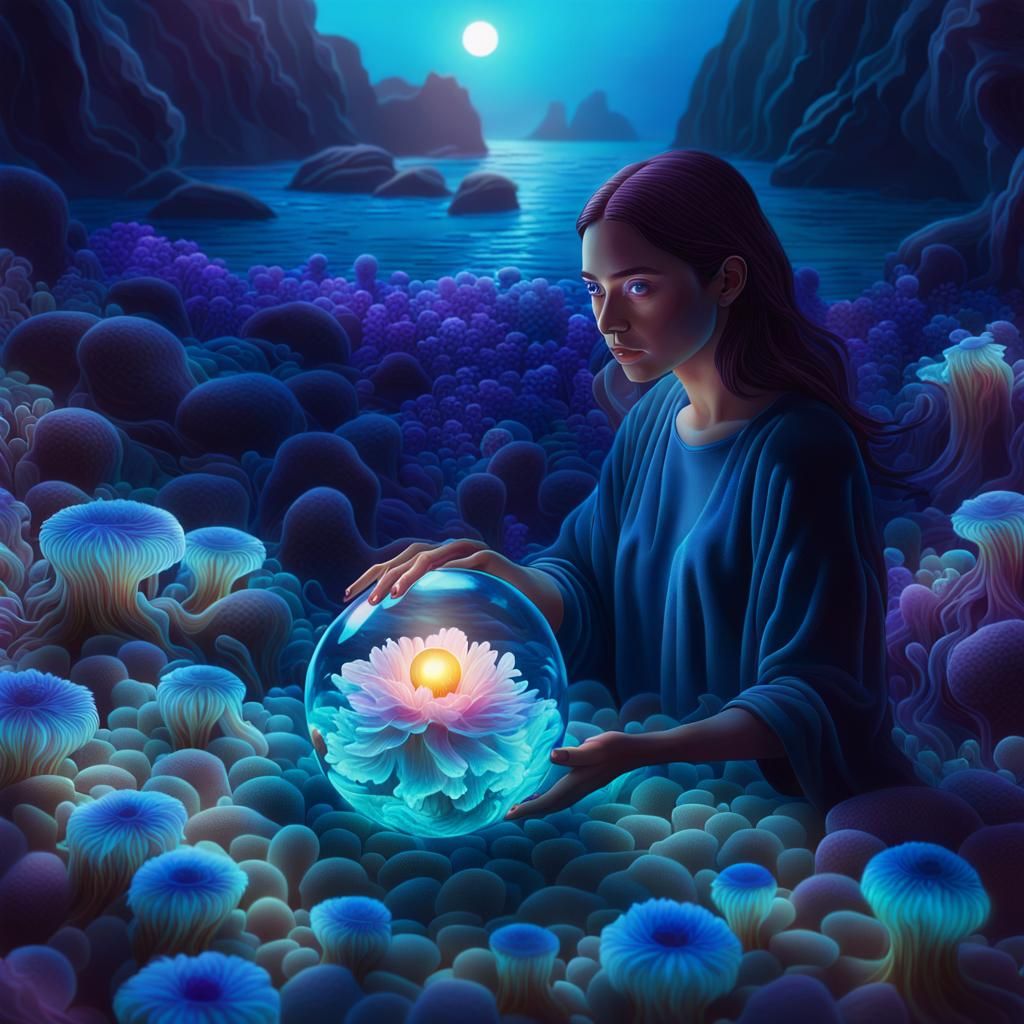 Bioluminescent Sea Anemones with Glowing Orb, Digital Art