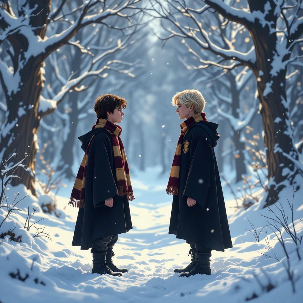 Harry Potter and Draco Malfoy in Snowy Forest Clearing
