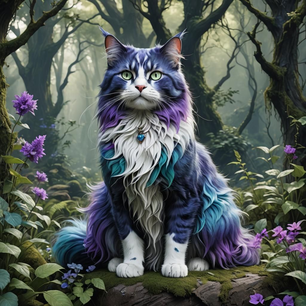 Colorful Woodland Cat in Detailed Matte Painting